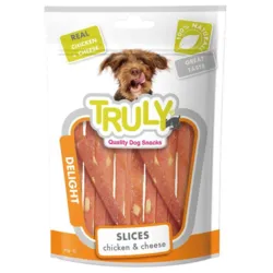 Truly Slices Chicken & Cheese Delight hundegodbidder – lækre og bløde slices med ægte kylling og ost, perfekte som smagfuld belønning
