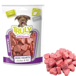 Truly Quality Dog Snacks Mini Hearts Chicken & Fish 90 g – fedtfattige og 100% naturlige hundegodbidder i hjerteform, ideelle som belønning under træning