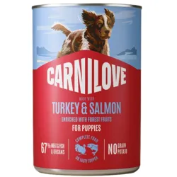 Carnilove Dog Can Paté Salmon & Turkey for Puppies i 400g dåse med hvalp på forsiden