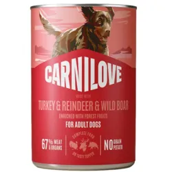 Carnilove Dog Can Paté med kalkun, rensdyr og vildsvin i 400g dåse set forfra