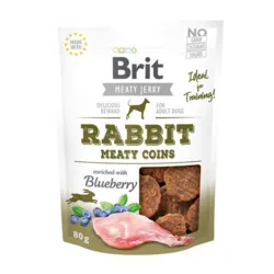 Brit Meaty Jerky Rabbit Meaty Coins er lækre hundegodbidder med kanin og blåbær – perfekte som træningssnack til voksne hunde