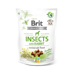 Brit crunchy snack insects med kanin og fennikel til hunde. Se størrelsen på de små knogleformede hundegodbidder, som er velegnede til træning og som snack
