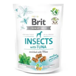 Brit Crunchy Snack Insects with Tuna er sprøde hundegodbidder med insektprotein, tun og mynte, der hjælper med at holde hundens ånde frisk