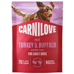 Carnilove Dog Pouch Paté Turkey & Buffalo med rosenblade i 300g pouch set forfra