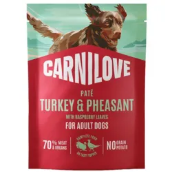 Carnilove Dog Pouch Paté Turkey & Pheasant med hindbærblade i 300g pouch set forfra