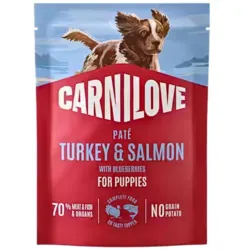 Carnilove Dog Pouch Paté Turkey & Salmon with Blueberries for Puppies i 300g pouch med hvalp på forsiden