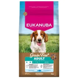 Eukanuba Grain Free Adult 3kg hundefoder med havfisk. Kornfri opskrift til voksne små og mellemstore hunde med fokus på sundhed
