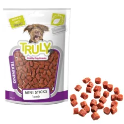 Truly Quality Dog Snacks Mini Sticks med lam i 90 g pose – 100% naturlige og kornfri træningsgodbidder til hunde i praktisk genlukkelig emballage