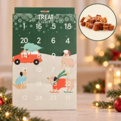 Treat Eaters julekalender til hund med 24 låger og lækre, små kyllingegodbidder til hver dag frem mod jul.