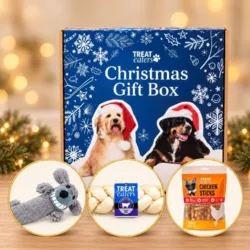 Treat Eaters Christmas Gift Box til hund med julebamse, flettet tyggeben og Chicken Sticks – en hyggelig julegave til hunden