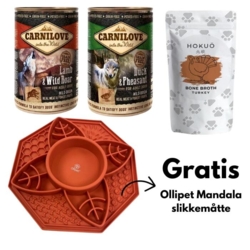 Lækre hundesnacks og en gratis Ollipet Mandala slikkemåtte. Perfekt til mental stimulering af hunden.