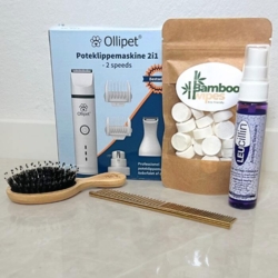 Pelsplejekit til hundehvalpe. Indeholder: Potetrimmer, kam, børste, leucillinspray og bamboo wipes.