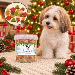 Snack’it julemix med farverige hundegodbidder formet som julestjerner, juletræer og små figurer.