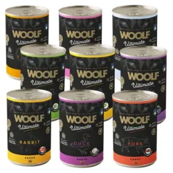 Woolf Ultimate vådfoder 400g i 9 kornfri varianter. Produceret i EU, lavet af frisk kød og slow-cooked for høj smagelighed. Kvalitetsvådfoder til hunde