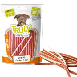 Bløde TRULY Delight Strips hundesnacks med kylling og fisk i praktiske strimler, der er nemme at dele til træning