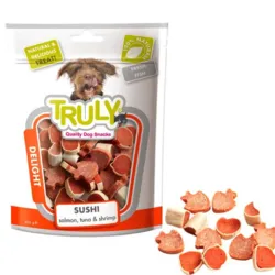 Pose med Truly Sushi Salmon Tuna & Shrimp hundesnack med fisk og rejer