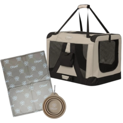 Kølemåtte,transportbur og foldbar vandskål til hund,som matcher i en neutral khaki farve