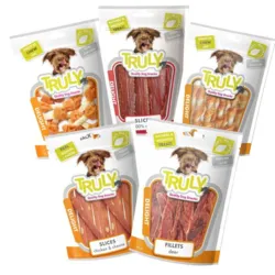 Pakketilbud med Truly Delight hundesnacks i flere varianter – alle med lavt fedtindhold under 4% og forskellige former