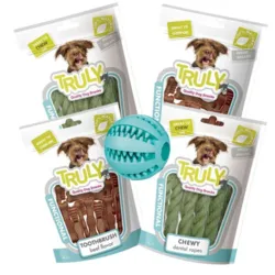 Mix af dental hundesnacks og aktiveringslegetøj fra Trixie – ideel kombination af snack og leg.