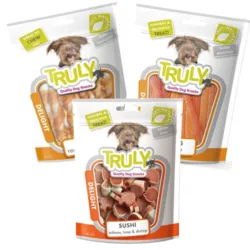 Pakketilbud med 3 value packs Truly Delight hundesnacks i forskellige smagsvarianter og former.