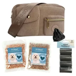 Ollipet Bijou taske i fløjl med indbygget dispenser og pølleposer + 2 poser godbidder og høm høm ruler