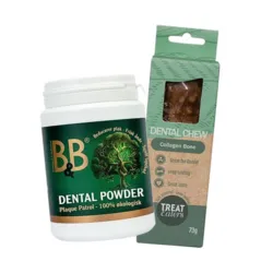 Kombination af B&B dentalpulver og tyggeben til hund tæt på