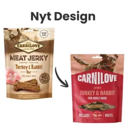 Carnilove Jerky Turkey Rabbit hundegodbidder i nyt design sammenlignet med tidligere emballage