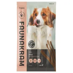 Faunakram snacksticks med torsk kylling og kalkun 4 stk blød hundesnack i emballage