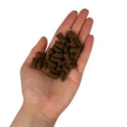 Faunakram kattegodbidder med okse torsk og malt sprød snack i hånden