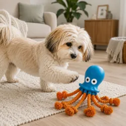 AFP Octo Rope blæksprutteformet hundelegetøj til trække- og ruskeleg. og sød hund, der leger med den