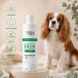 PSH Sensitive Skin shampoo med B-vitamin og biotin, der fugter og plejer skånsomt – vist med en Cavalier King Charles Spaniel.
