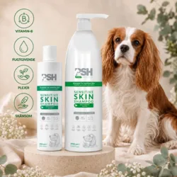 PSH Sensitive Skin shampoo med B-vitamin og biotin, der fugter og plejer skånsomt – vist med en Cavalier King Charles Spaniel.