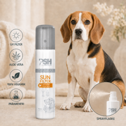 Beskyt hundens pels med PSH Sun Filter Spray med UV-filter og aloe vera. En vegansk og parabenfri spray, der er nem at påføre