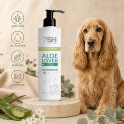PSH Aloe Lover conditioner med aloe vera, der fugter og blødgør hundens pels – vist sammen med en cocker spaniel