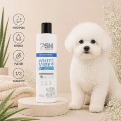 PSH White Vibes shampoo, der renser og plejer hvid pels – vist sammen med en hvid bichon frisé