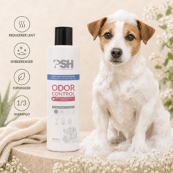 PSH Odor Control Shampoo dybderenser hundens pels, neutraliserer uønsket lugt og giver en frisk fornemmelse. Velegnet til alle pelstyper
