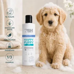 PSH Happy Puppy shampoo til hvalpe med biotin. En 100 % vegansk og parabenfri hvalpeshampoo til skånsom pleje af pels og hud