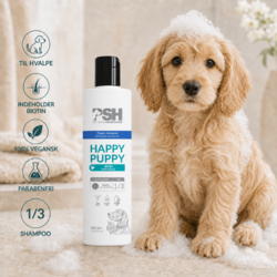PSH Happy Puppy shampoo med biotin og en cockerpoo-hvalp i badeskum. Vegansk og parabenefri shampoo udviklet til hvalpe