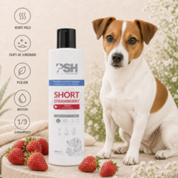 PSH Short Strawberry Shampoo med biotin plejer kort pels og efterlader en frisk duft af jordbær. Koncentreret hundeshampoo til kort pels