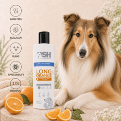 PSH Long Orange shampoo til lang pels med marinekollagen, glans og appelsinduft vist sammen med en collie