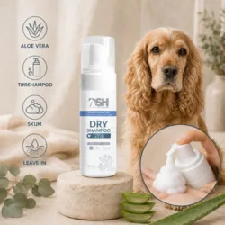 PSH Dry Shampoo tørshampoo med aloe vera som plejende leave-in skum til hundens pels – vist med en cocker spaniel