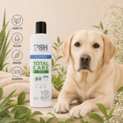PSH Total Care shampoo med grøn te, som plejer og renser hundens pels – vist sammen med en liggende labrador