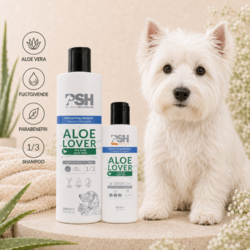 PSH Aloe Lover fugtgivende og parabenefri shampoo med aloe vera til hundens pels – vist sammen med en West Highland White Terrier