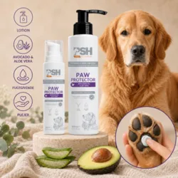 PSH Paw Protector lotion med avocadoolie og aloe vera, der fugter og plejer hundens trædepuder – vist med en golden retriever