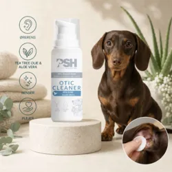 PSH Otic Cleaner ørerens med tea tree-olie og aloe vera, der renser og plejer hundens ører – vist med en gravhund