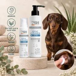 PSH Otic Cleaner ørerens med tea tree-olie og aloe vera, der renser og plejer hundens ører – vist med en gravhund