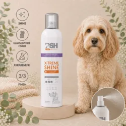 PSH X-Treme Shine parabenefri glansspray til hundens pels, vist med en cockerpoo og nærbillede af sprayfunktionen