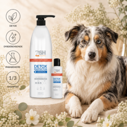 PSH Detox Protector dybderensende og parabenefri hundeshampoo vist sammen med en Australian Shepherd. Koncentreret shampoo
