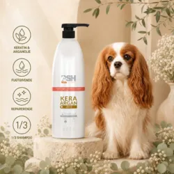 PSH Kera Argan shampoo med keratin og arganolie fugter og reparerer hundens pels, så den efterlades blød, stærk og velplejet