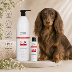 PSH Silk Shampoo med biotin plejer hundens pels og giver glans og blødhed. En koncentreret hundeshampoo til en smuk og velplejet pels